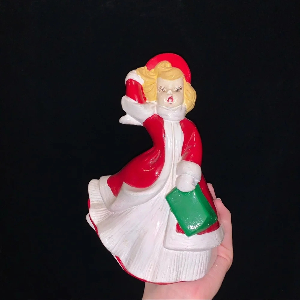 Vintage Ceramic Christmas Caroler Woman Red Flowing Dress Blowing in Wind FLAWS